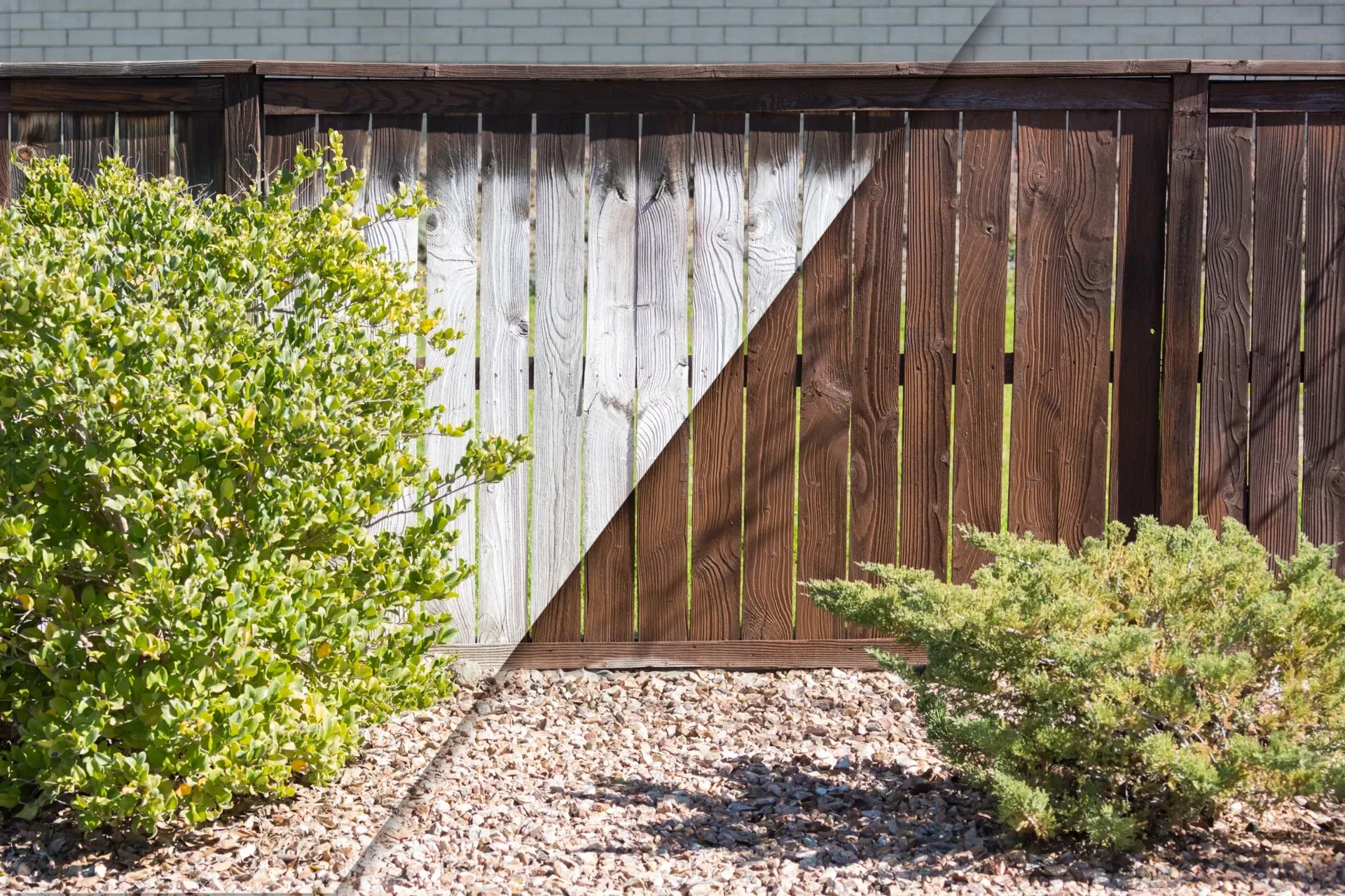 Wooden fence with weathered planks and green moss growth next to landscaped gravel area with shrubs
