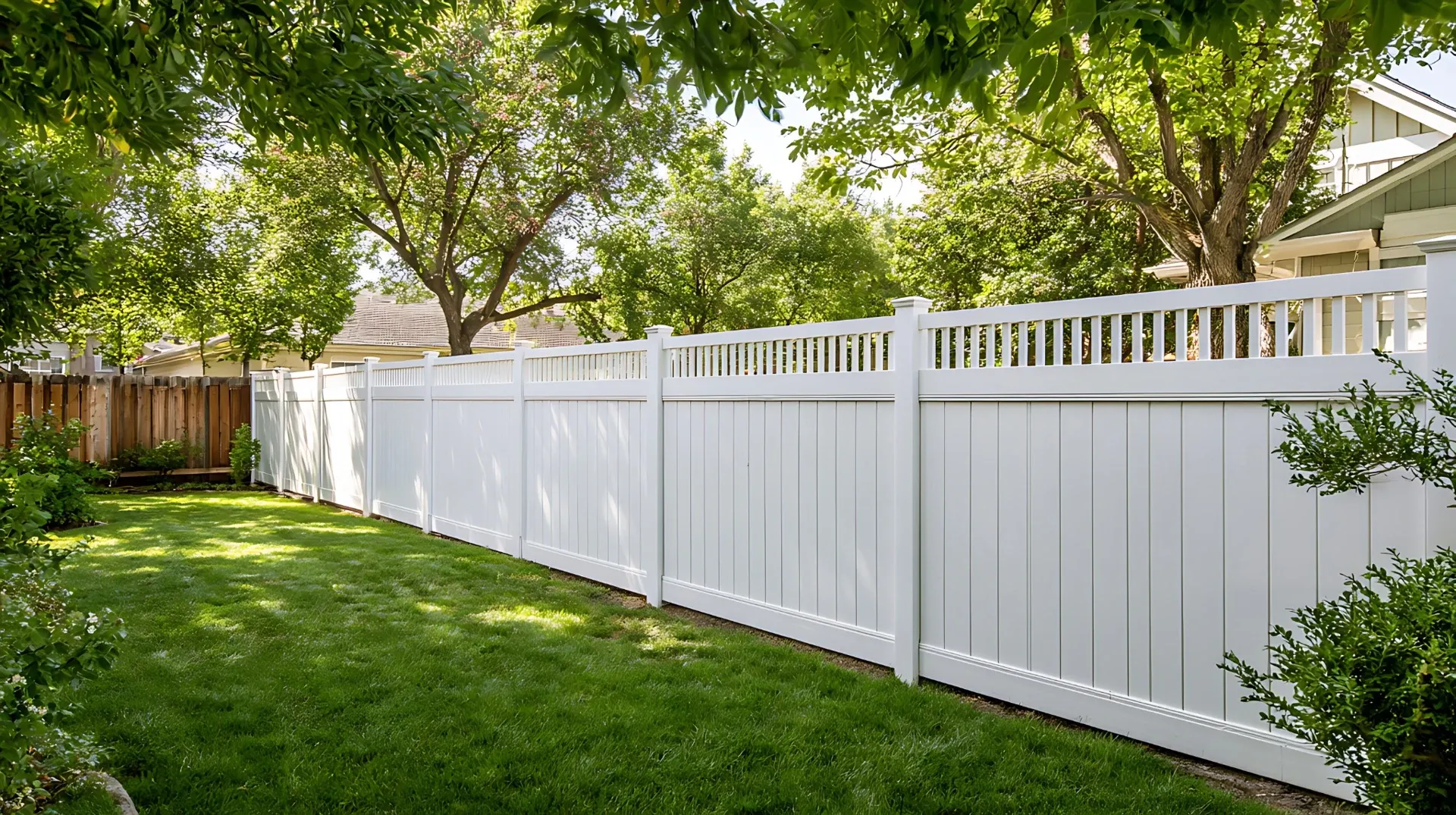 White vinyl privacy fence with decorative lattice top in residential backyard