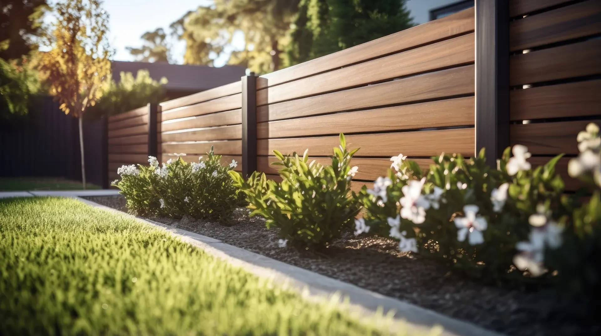 Modern wooden fence with horizontal slats bordering landscaped garden beds with white flowers and green lawn