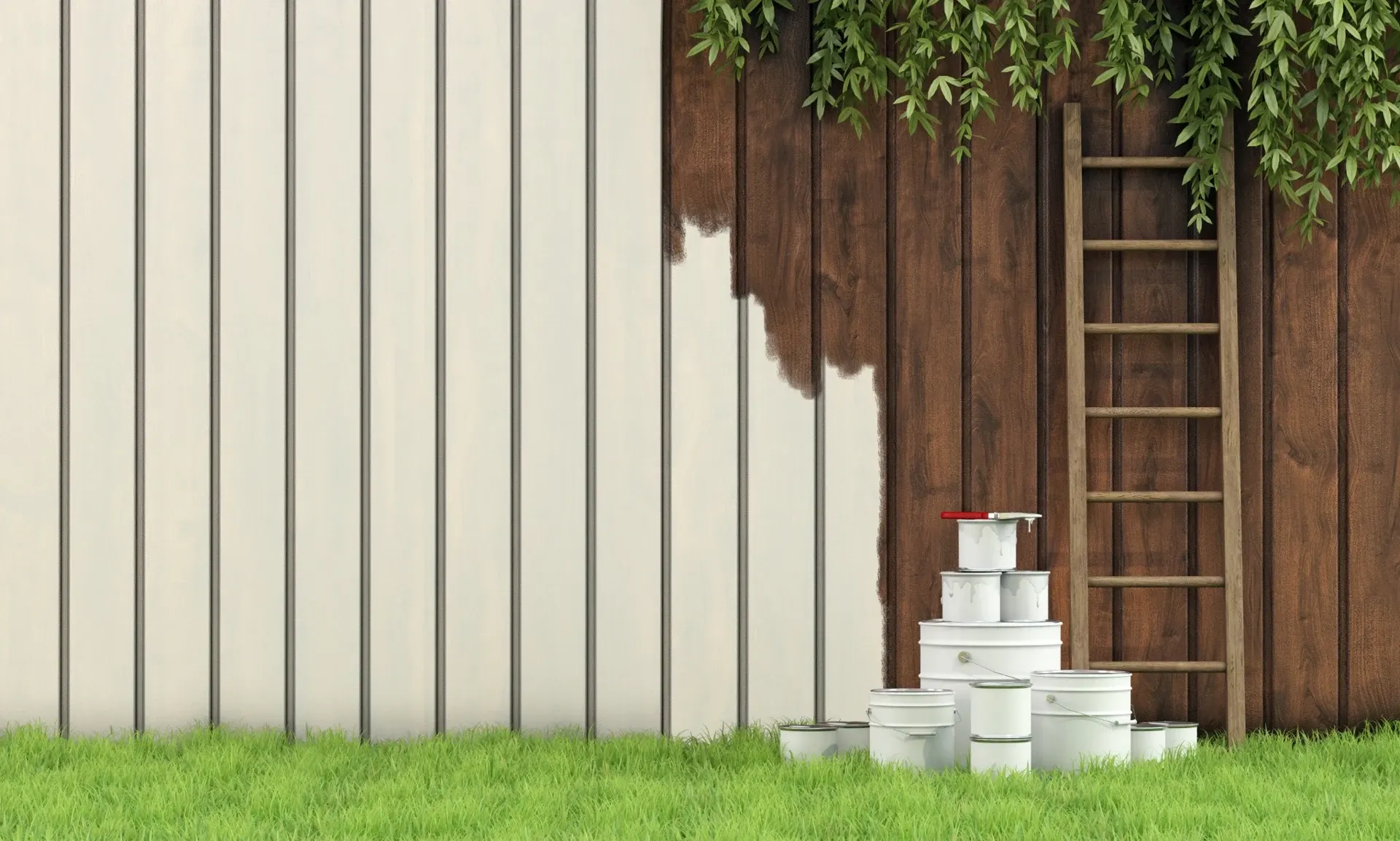 Paint supplies and ladder against wooden fence and white wall in garden setting