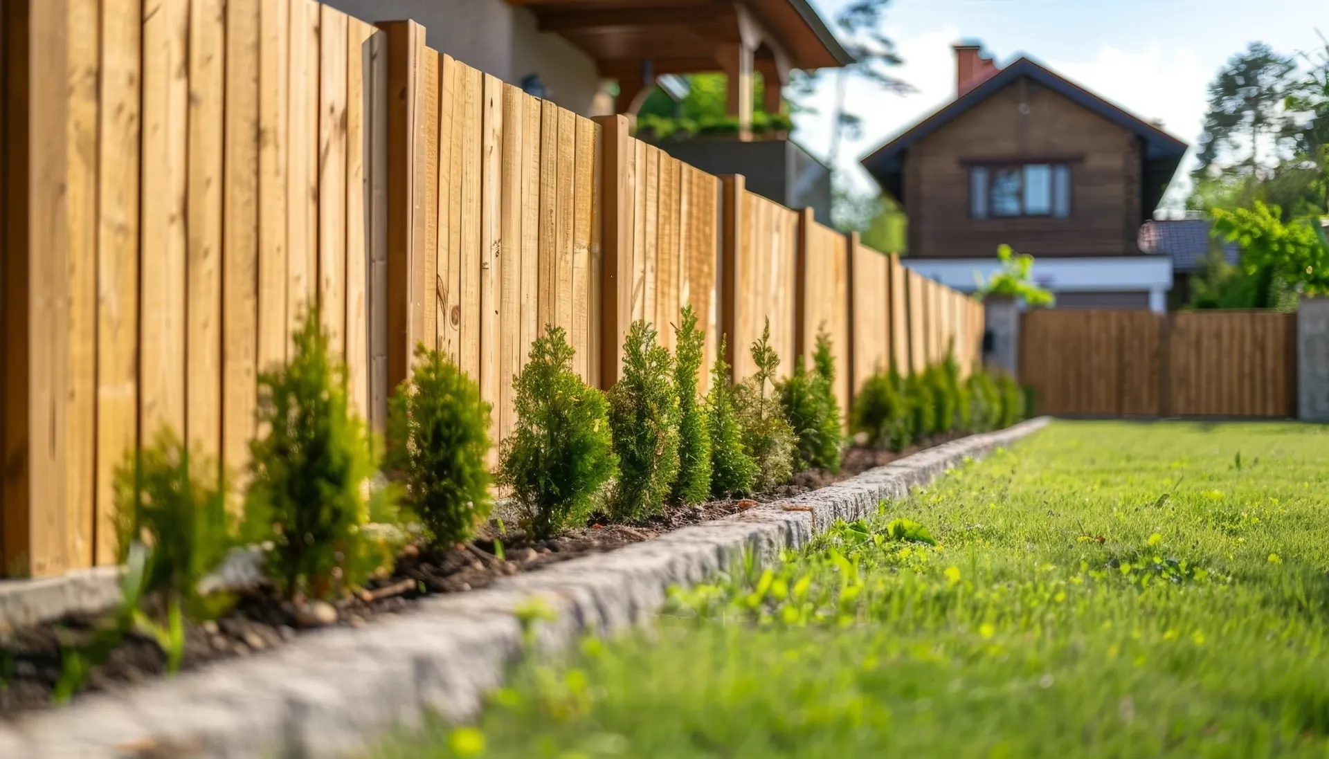 Wooden fence with small evergreen shrubs along landscaped garden bed beside residential property